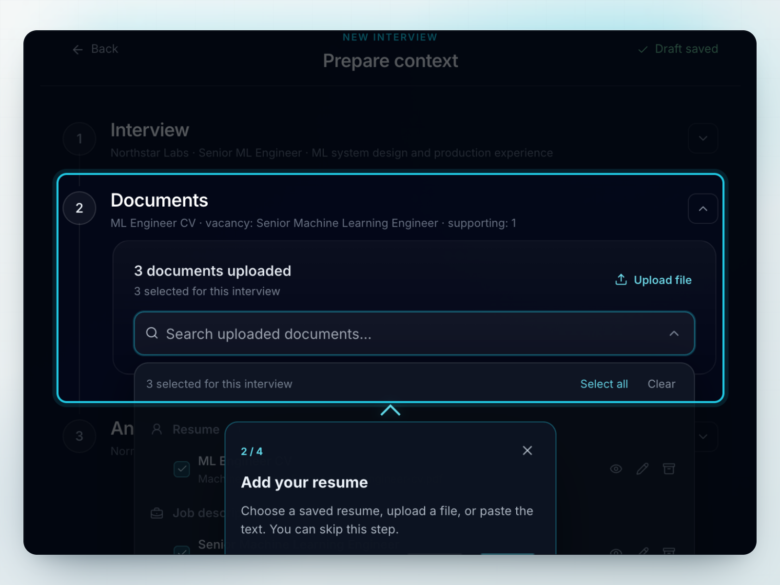 Selecting a resume and role before an interview in Vibe