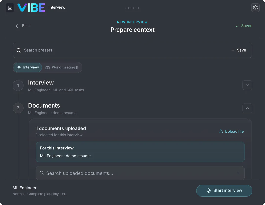 Selecting a resume and role before an interview in Vibe